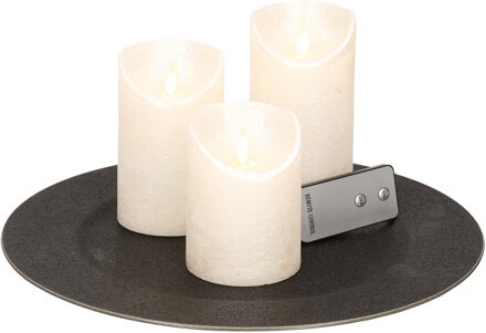 Ronde kaarsenplateau zwart van kunststof D33 cm met 3 parel witte LED-kaarsen 10/12,5/15 cm