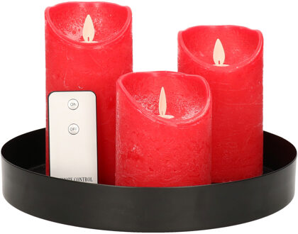 Ronde kaarsenplateau zwart van kunststof D33 cm met 3 rode LED-kaarsen 10/12,5/15 cm