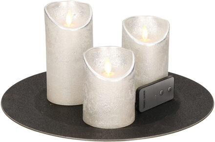 Ronde kaarsenplateau zwart van kunststof D33 cm met 3 zilveren LED-kaarsen 10/12,5/15 cm