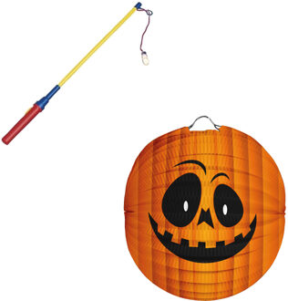 Ronde lampion 22 cm pompoen inclusief lampionstokje