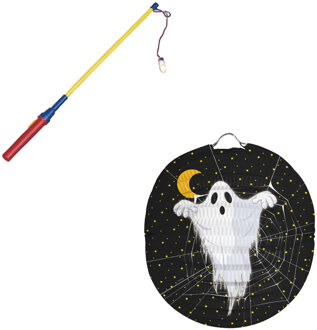 Ronde lampion 22 cm spook zwart inclusief lampionstokje