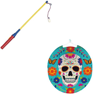 Ronde lampion 25 cm Day of the Dead sugarskull inclusief lampionstokje