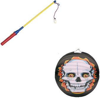 Ronde lampion 25 cm doodskop inclusief lampionstokje