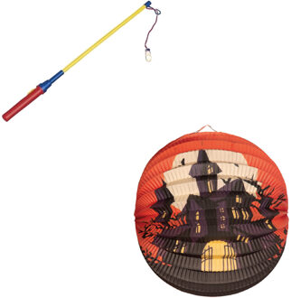 Ronde lampion 25 cm spookhuis inclusief lampionstokje