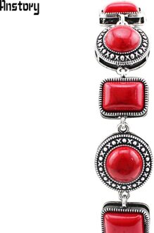 Ronde Langwerpige Kraal Rode Steen Armband Voor Vrouwen Vintage Antiek Verzilverd Cocktail Mode-sieraden TB118