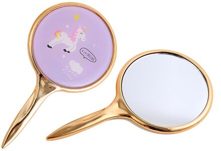 Ronde Mini Make-Up Spiegel Stijlvolle Eenhoorn Patroon Spiegel Handvat Make-Up Spiegel Voor Thuis Salon paars