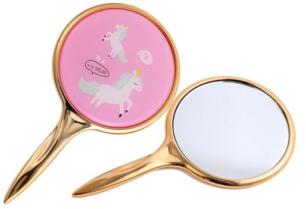 Ronde Mini Make-Up Spiegel Stijlvolle Eenhoorn Patroon Spiegel Handvat Make-Up Spiegel Voor Thuis Salon roze