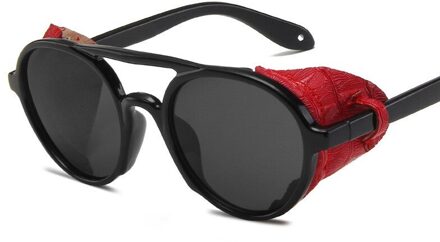 Ronde Steampunk Zonnebril Mannen Klassieke Vintage Punk Klinknagel Wrap Zonnebril Retro Lederen Brillen Voor Mannelijke UV400 zwart-rood