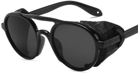 Ronde Steampunk Zonnebril Mannen Klassieke Vintage Punk Klinknagel Wrap Zonnebril Retro Lederen Brillen Voor Mannelijke UV400 zwart
