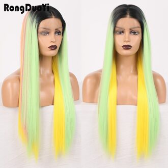 Rongduoyi Lange Zijdeachtige Rechte Pruik Synthetische Lace Front Pruiken Voor Vrouwen Ombre Cosplay Pruik Hoge Temperatuur Fiber Kant Pruiken 24 inches