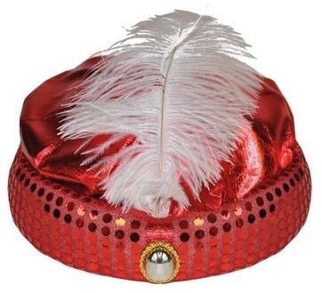 Rood Arabisch Sultan tulband met diamant en veer - 1001 nacht verkleed hoed