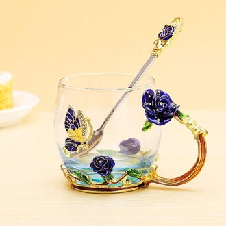 Rood Blauw Rose Emaille Crystal Tea Cup Mok Vlinder Rose Geschilderde Bloem Water Cups Helder Glas Met Lepel Set perfect blauw roos 320ML