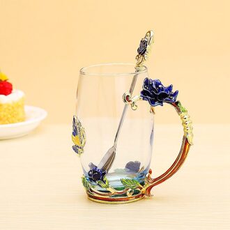 Rood Blauw Rose Emaille Crystal Tea Cup Mok Vlinder Rose Geschilderde Bloem Water Cups Helder Glas Met Lepel Set perfect blauw roos 350ML