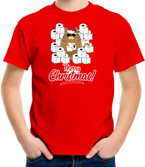 Rood Kerst shirt/ Kerstkleding hamsterende kat Merry Christmas voor kinderen S (110-116) - kerst t-shirts kind