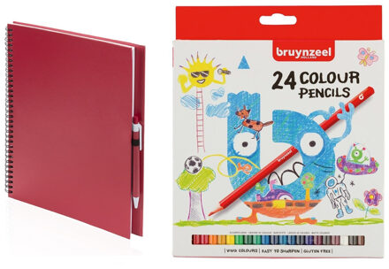 Rood schetsboek/tekenboek met 24 kleurpotloden - Tekenen/kleuren