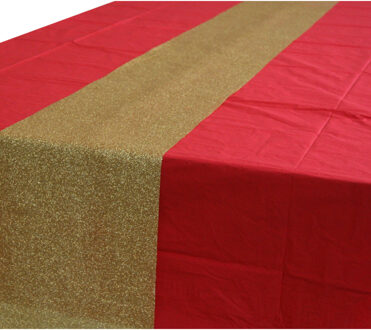 Rood tafelkleed 274 x 137 cm met gouden tafelloper met glitters voor de kersttafel