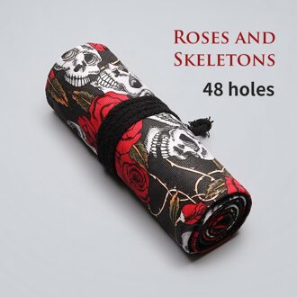 Rose Schedel 36/48/72 Gaten Canvas Roll Pen Gordijn Potlood Bag Case Make-Wrap Houder Opslag Pouch Schoolbenodigdheden 48 holes