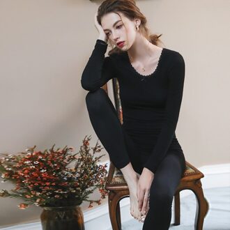 Roseheart Vrouwen Zwart Roze Katoen Lange Warm Houden Slanke Nauwsluitende Thermisch Ondergoed Sets