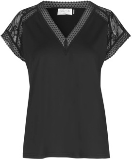 Rosemunde T-shirt met v-hals en kant Zwart - 36