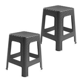 Rotan opstapje/zit krukje - 2x - kunststof - zwart - 36 x 36 x 45 cm - Keuken/badkamer - Krukjes