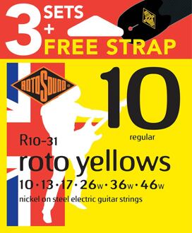 Rotosound R10-31 3-pack met gratis gitaarriem 3-pack met gratis gitaarriem, 3 snarensets elektrisch, nickel wound 10-46, regular