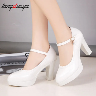 Round Toe Black Block Heels Women Pumps Split Leather Shoes Dance High Heels Shoes Platform Pumps Crystal For Party Work Shoes