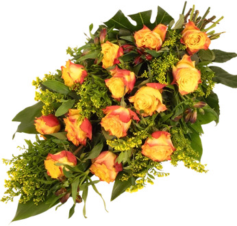 Rouwboeket oranje rozen en bloemen