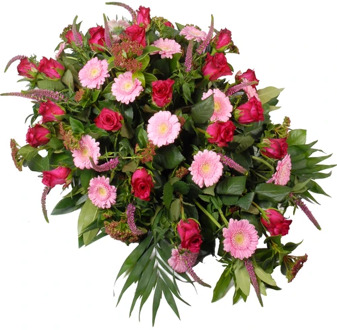 Rouwstuk roze rozen en gerberas