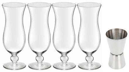 Royal Leerdam 4x Cocktailglazen / blue hawaii glazen transparant 440 ml met RVS maatbeker / barmaatje