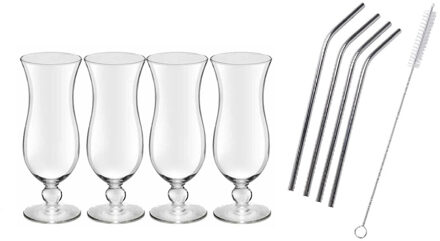 Royal Leerdam 4x Cocktailglazen / Blue Hawaii glazen transparant 440 ml met RVS rietjes