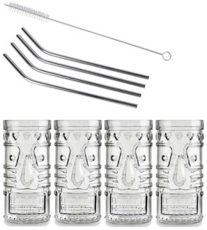 Royal Leerdam 4x Cocktailglazen / Mai Tai glazen transparant 490 ml met RVS rietjes - Cocktailglazen