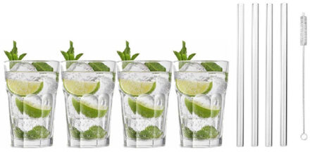 Royal Leerdam 4x Cocktailglazen / Mojito glazen transparant 410 ml met glazen rietjes - Cocktailglazen