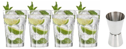 Royal Leerdam 4x Cocktailglazen / Mojito glazen transparant 410 ml met RVS maatbeker / barmaatje