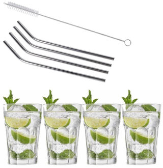 Royal Leerdam 4x Cocktailglazen / Mojito glazen transparant 410 ml met RVS rietjes - Cocktailglazen