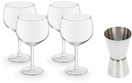Royal Leerdam 4x Gin Tonic / cocktail glazen transparant 650 ml met RVS maatbeker / barmaatje