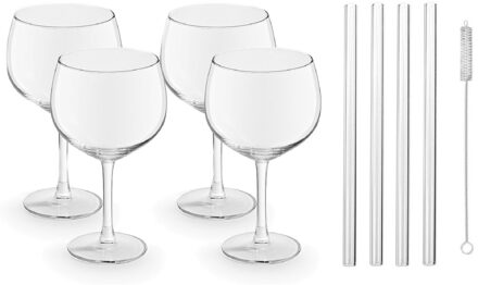 Royal Leerdam 4x Gin Tonic glazen / cocktailglazen transparant 650 ml met glazen rietjes - Cocktailglazen