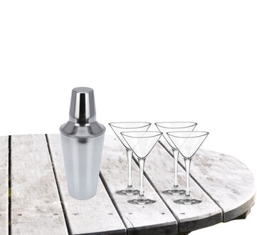 Royal Leerdam Cocktailshaker met 4x Cocktailglazen Martini transparant 250 ml