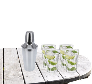 Royal Leerdam Cocktailshaker met 4x Cocktailglazen Mojito transparant 410 ml - Cocktailglazen