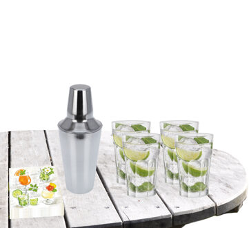 Royal Leerdam Cocktailshaker met 4x Cocktailglazen Mojito transparant 410 ml - Cocktailglazen