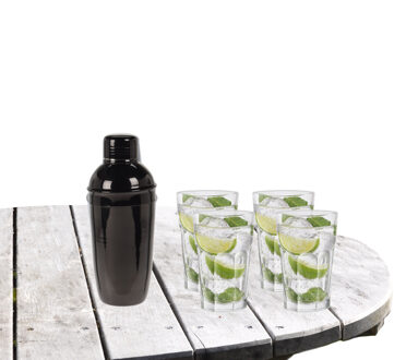 Royal Leerdam Cocktailshaker met 4x Cocktailglazen Mojito transparant 410 ml - Cocktailglazen