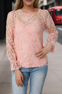 Roze Bloemen 3D Kant Blouse Top Lichtroze