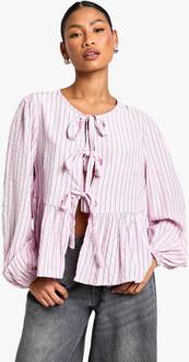 Roze En Groene Gestreepte Tie Front Puff Lange Mouw Smock Top, Pink - 36