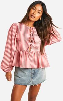 Roze En Rode Gestreepte Top Met Striksluiting Aan De Voorkant, Puffmouwen En Lange Mouwen Smock Top, Pink - 36