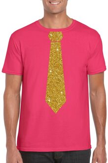 Roze fun t-shirt met stropdas in glitter goud heren L