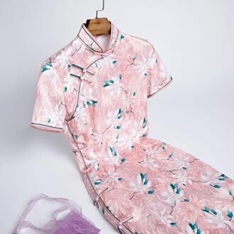 Roze Gedrukt Bloemen Vintage Moderne Chinese Stijl Traditionele Lange Cheongsam Jurk Voor Vrouwen Slim Fit Qipao Китайское Платье 4XL