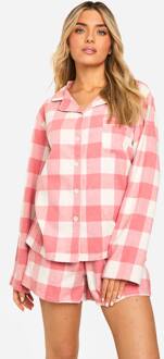 Roze Geruite Flanellen Pyjama Set Met Lange Mouwen Overhemd En Korte Broek, Pink - 42