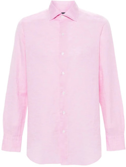 Roze Linnen-Katoenen Overhemd Finamore , Pink , Heren - Xl,M,S