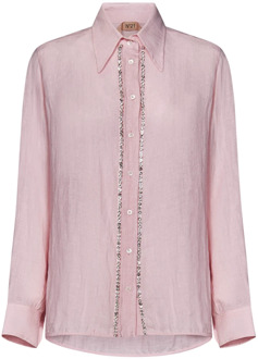 Roze Linnen Overhemd met Kristallen Versiering N21 , Pink , Dames - XL