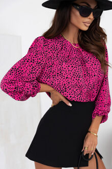 Roze Luipaardprint Plisséblouse met Sleuf Klaproos