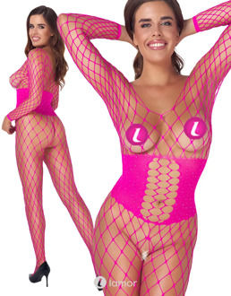 Roze Net Bodystocking Met Strass, CC2551810 - Maat: One Size